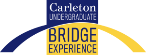A maize and blue bridge-shaped logo that says Carleton Undergraduate Bridge Experience.