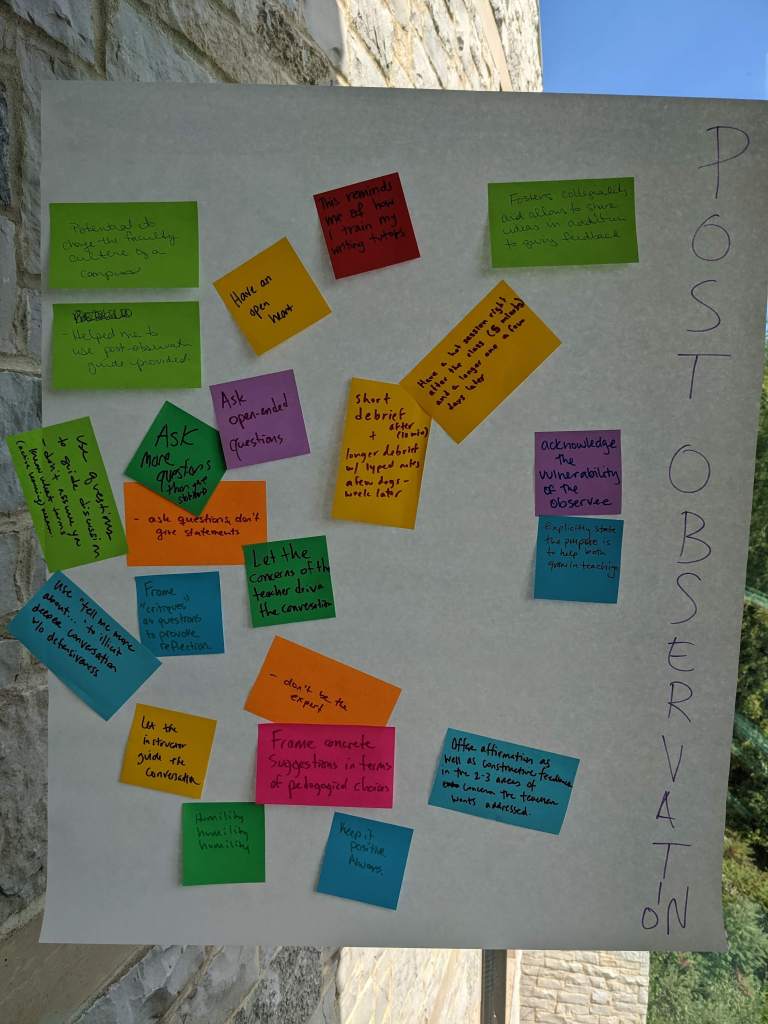 An extremely large sticky note that says "Post observation" with smaller multi-colored sticky notes with peer observation of teaching participants comments about the experience. 